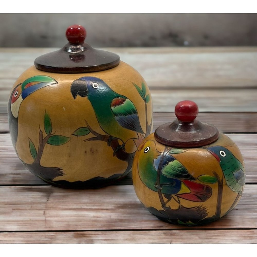 Tropical Birds Wooden Trinket Jar Box Set Toucan Parrots Lidded Vintage